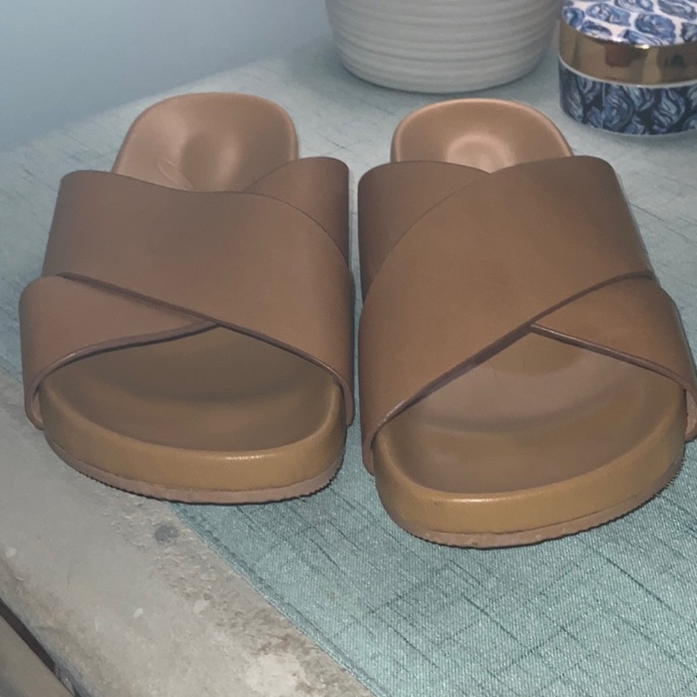 J Crew Nude Leather Slide Sandals Size 7.5